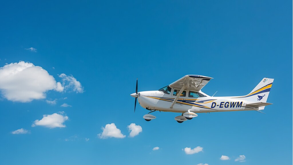 Einmotoriges Sportflugzeug im Flug vor blauem Himmel